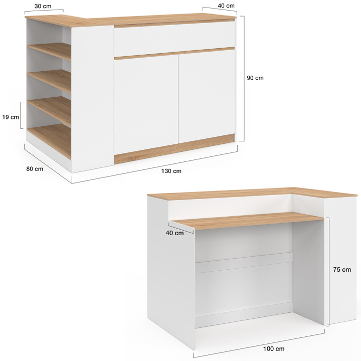 Isola centrale TOMI 130 cm per 2 persone con doppio piano in legno bianco e piano di lavoro effetto faggio