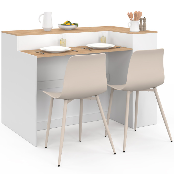 Isola centrale TOMI 130 cm per 2 persone con doppio piano in legno bianco e piano di lavoro effetto faggio