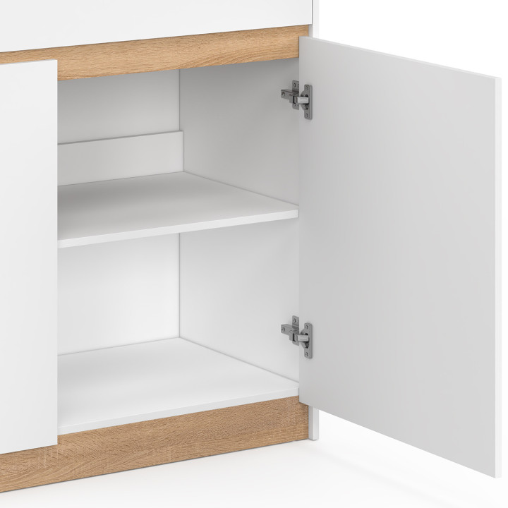 Isola centrale TOMI 130 cm per 2 persone con doppio piano in legno bianco e piano di lavoro effetto faggio