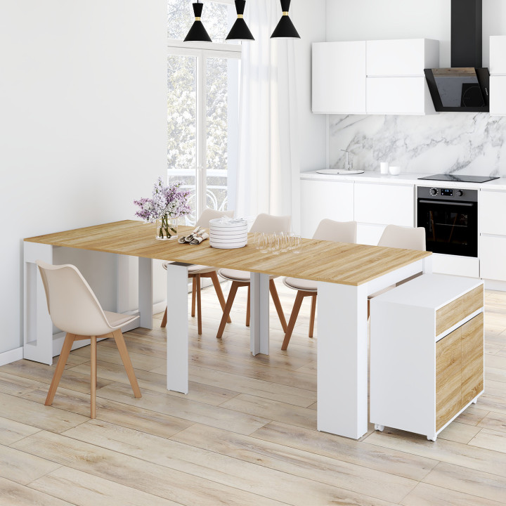 Uitschuifbare buffettafel voor 14 personen, 285 cm, wit hout in beukenhoutlook - ORLANDO