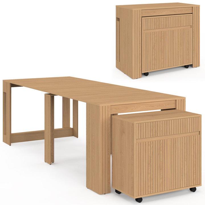 Mesa de comedor extensible JULIETTE para 10 personas, 235 cm, con diseño de listones y travesaños de madera en color roble