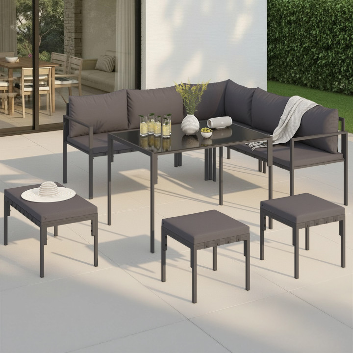 Gartenmöbel zum Essen NAYLA 8-Sitzer Eckgarnitur aus Metall und grauen Kissen mit Esstisch, Ecksofa, Sitzbank, Hockern