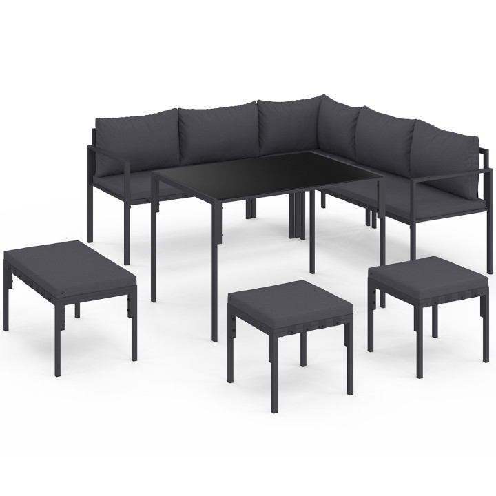8-Sitzer-Eck-Gartenessgruppe aus Metall mit grauen Kissen, bestehend aus Esstisch, Ecksofa, Sitzbank und Hockern – NAY