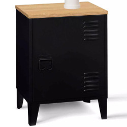 Table de chevet ESTER 1 porte métal noir plateau façon hêtre design industriel
