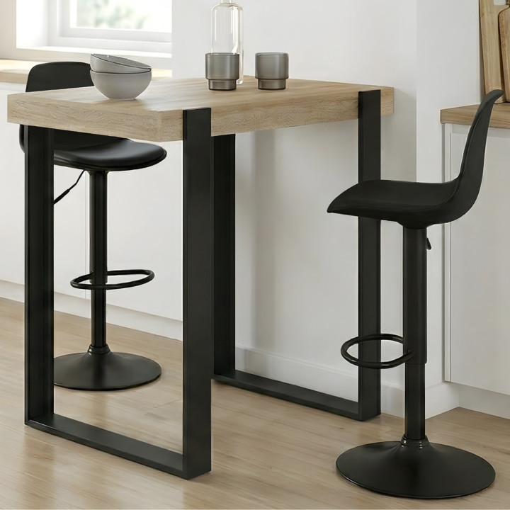 Ensemble table de bar PHOENIX bois et noir et 2 tabourets KARL noir pied noir
