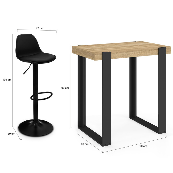 Set Bartisch PHOENIX aus Holz und Schwarz und 2 Hocker KARL schwarz Fuß schwarz