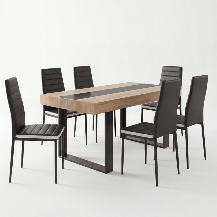 Set rechteckiger Esstisch PHOENIX aus Holz und schwarzem Mittelstreifen schwarz 160 cm und 6 Stühle ROMANE schwarz weißer Mittel