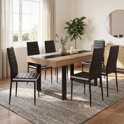 Tavolo da pranzo rettangolare PHOENIX in legno e nero con fascia centrale nera da 160 cm e 6 sedie ROMANE nere con fascia bianca