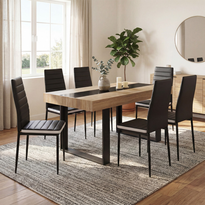 Set rechteckiger Esstisch PHOENIX aus Holz und schwarzem Mittelstreifen schwarz 160 cm und 6 Stühle ROMANE schwarz weißer Mittel