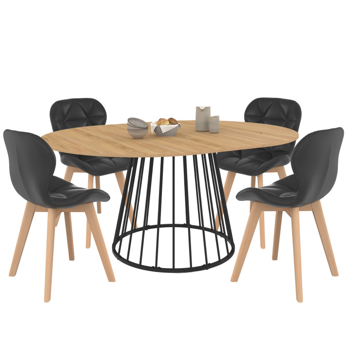 Conjunto de mesa de comedor redonda extensible YUNA con tablero de madera y pata de alambre metálico 110-150 cm y 4 sillas ROBIN