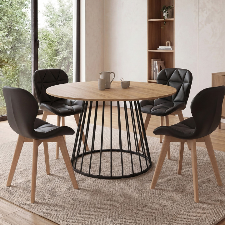 YUNA ronde uitschuifbare eettafel set met houten blad en metalen draadpoot 110-150 cm en 4 zwarte ROBINE PU stoelen