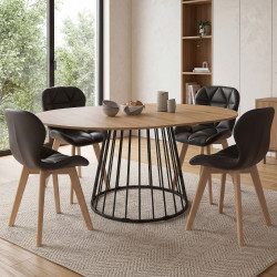 Ensemble table à manger extensible ronde YUNA plateau bois et pied filaire en métal 110-150 cm et 4 chaises ROBINE en PU noires