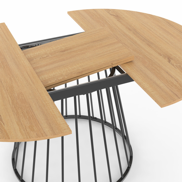 Ensemble table à manger extensible ronde YUNA plateau bois et pied filaire en métal 110-150 cm et 4 chaises ROBINE en PU noires