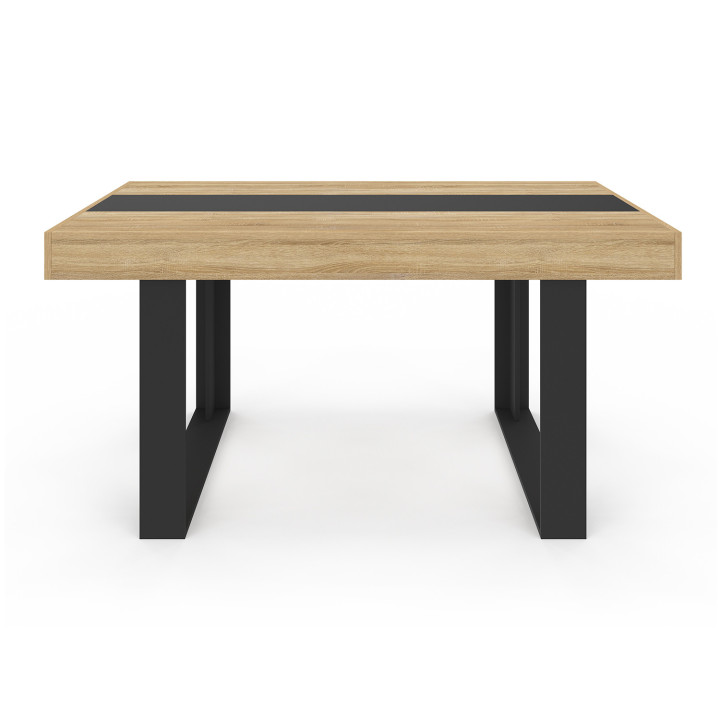 Ensemble table à manger rectangle PHOENIX bois et noir bande centrale noire 160 cm et 6 chaises ROMANE noires bandeau blanc