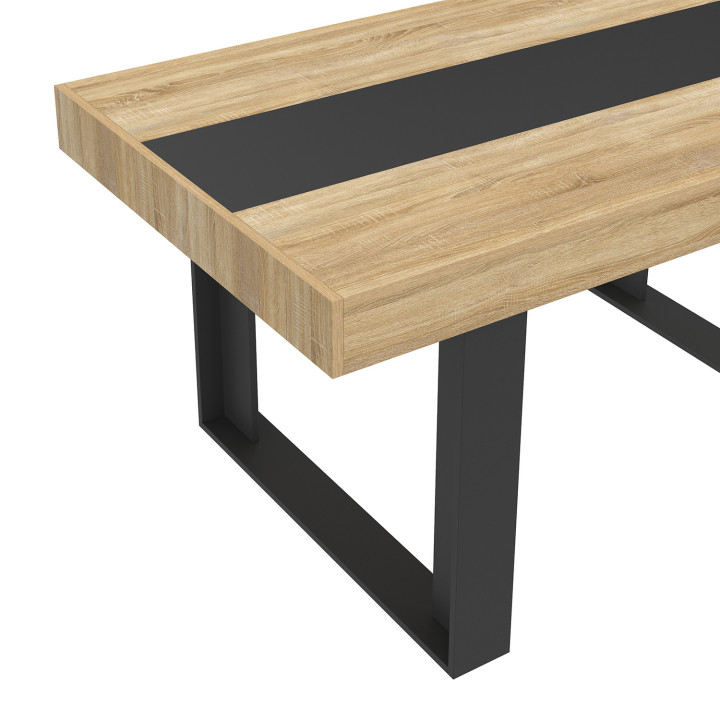 Rechthoekige eettafel PHOENIX hout en zwart met zwarte middenband 160 cm en 6 zwarte ROMANE stoelen met witte band