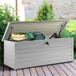 Coffre de rangement métal verrouillable gris clair pour jardin 600L 165x70x63 cm