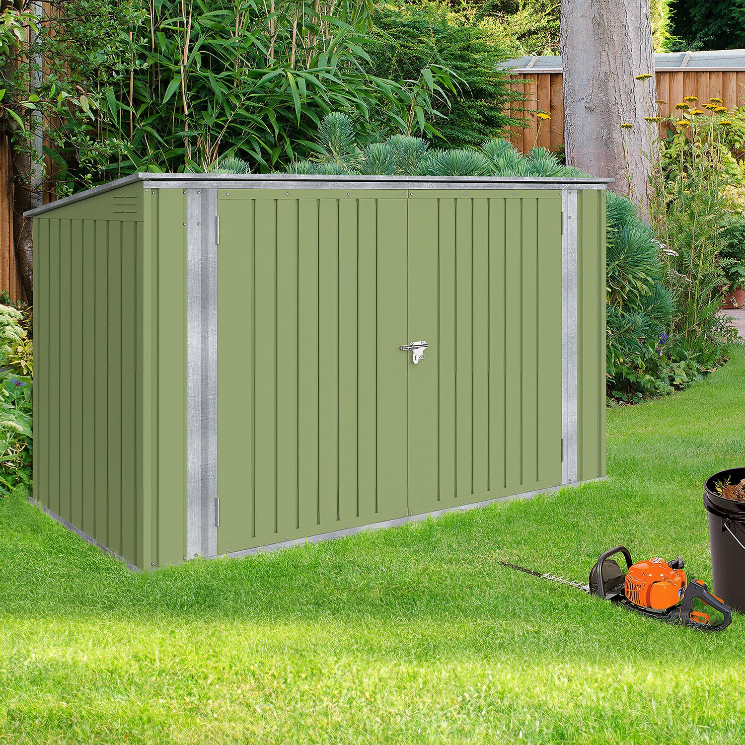 Abri de jardin en métal vert olive verrouillable multi-rangement pour stockage vélos, outils, poubelles