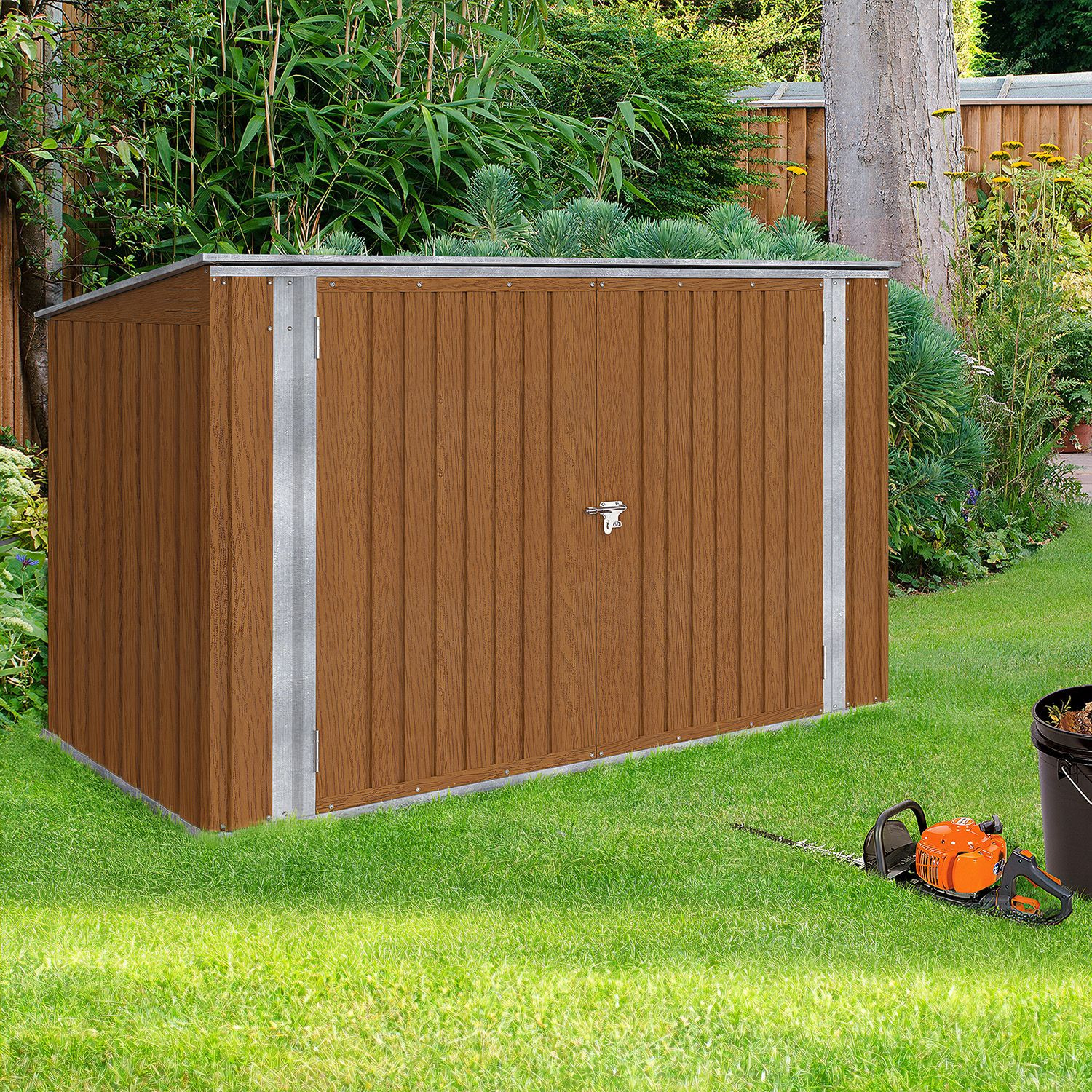 Abri de jardin en métal effet bois verrouillable multi-rangement pour stockage vélos, outils, poubelles