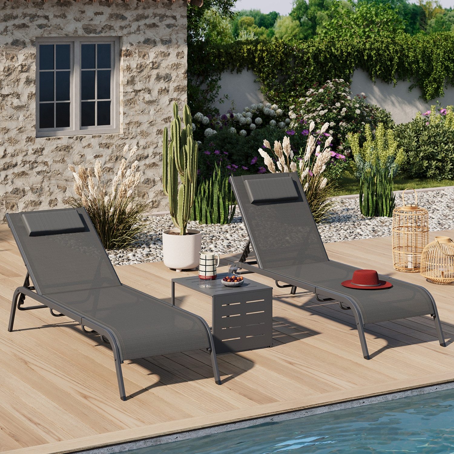 Lot de 2 transats de jardin inclinables avec table d'appoint modulable en acier gris anthracite et toile grise