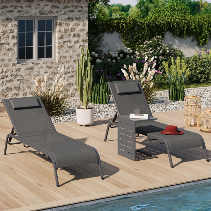 Lot de 2 transats de jardin inclinables BORA avec table d'appoint modulable en acier gris anthracite et toile grise