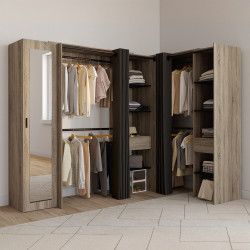 Dressing extensible d'angle MARLON 230 x 140 x 180 cm cm hêtre avec penderies + étagères + miroir + rideaux noirs