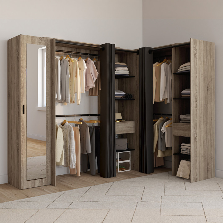 MARLON 230 x 140 x 180 cm cm armadio angolare in faggio con armadi + ripiani + specchio + tende nere
