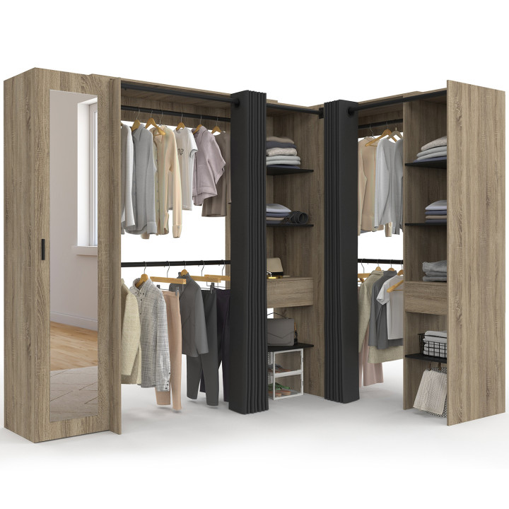 MARLON 230 x 140 x 180 cm cm armadio angolare in faggio con armadi + ripiani + specchio + tende nere