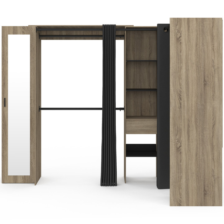 MARLON 230 x 140 x 180 cm cm armadio angolare in faggio con armadi + ripiani + specchio + tende nere