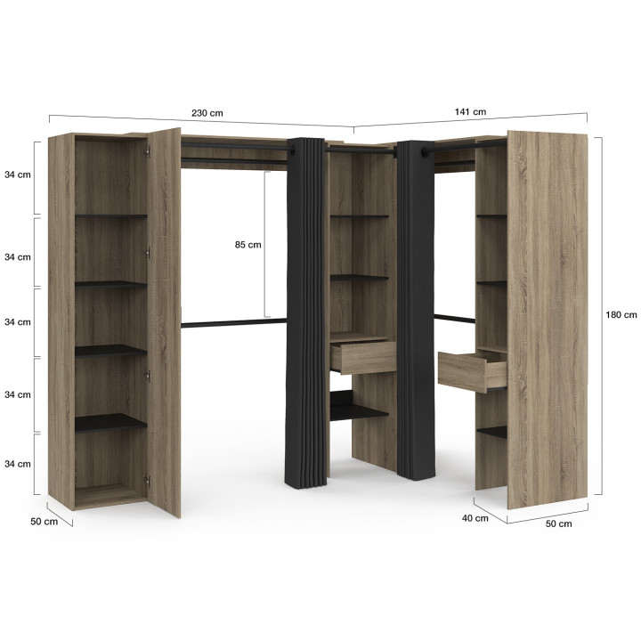 MARLON 230 x 140 x 180 cm cm armadio angolare in faggio con armadi + ripiani + specchio + tende nere