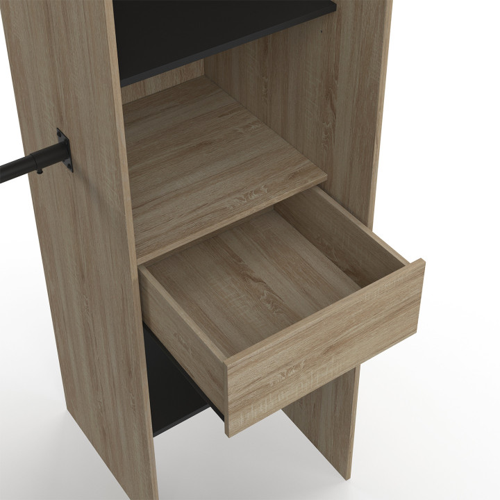 MARLON 230 x 140 x 180 cm cm armadio angolare in faggio con armadi + ripiani + specchio + tende nere