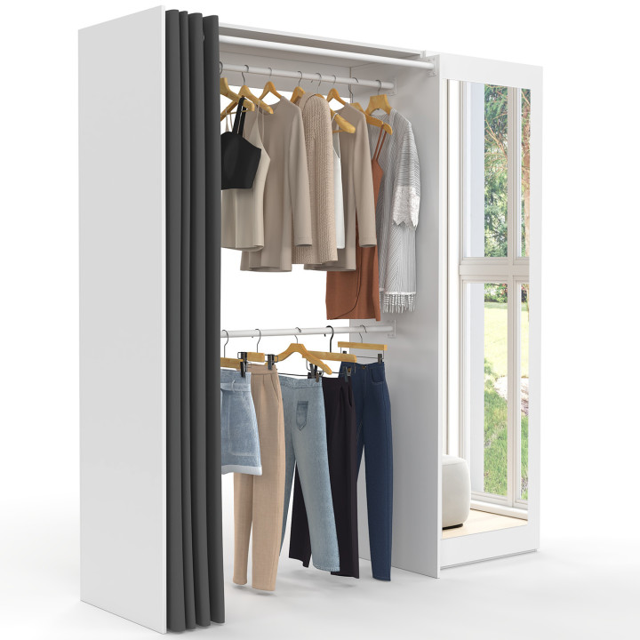 MARTY 120/170 x 50 x 180 cm armadio bianco espandibile con ripiani + armadio doppio + specchio + tenda grigia