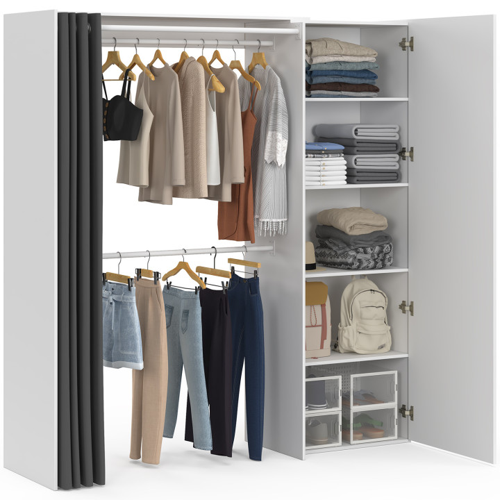 MARTY 120/170 x 50 x 180 cm armadio bianco espandibile con ripiani + armadio doppio + specchio + tenda grigia