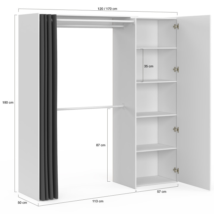 MARTY 120/170 x 50 x 180 cm armadio bianco espandibile con ripiani + armadio doppio + specchio + tenda grigia