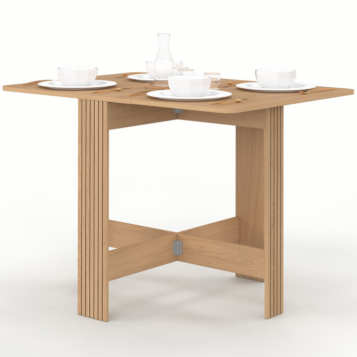 Table console pliable JULIETTE 2-6 personnes avec rangements lattes tasseaux de bois coloris chêne 150 x 80 cm