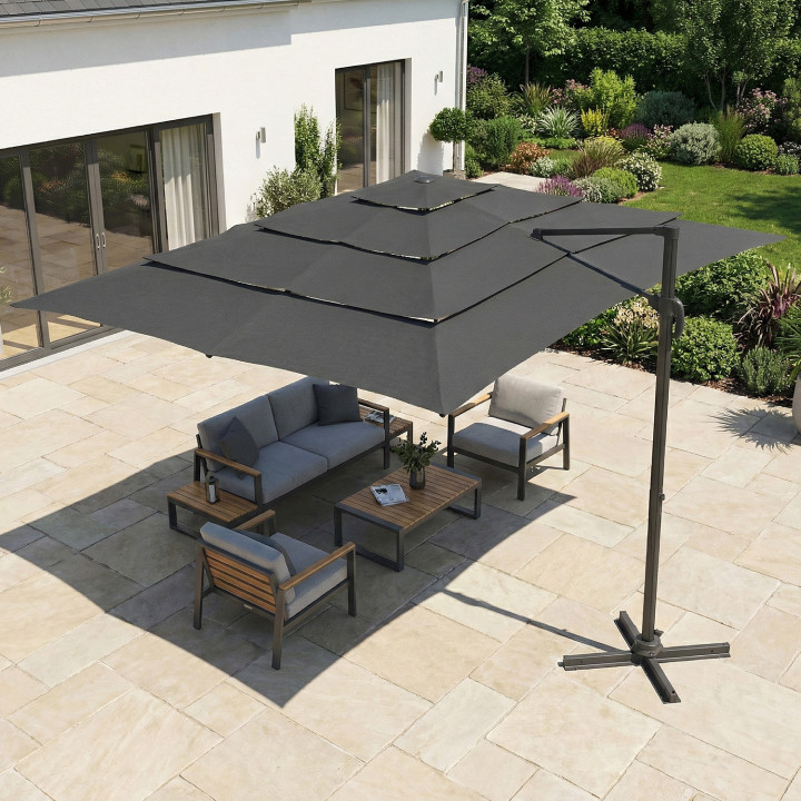 Ombrellone decentrato, inclinabile e girevole a 360°, con tela multipla resistente al vento, grigio, 3x4 m, con fodera - CALVI