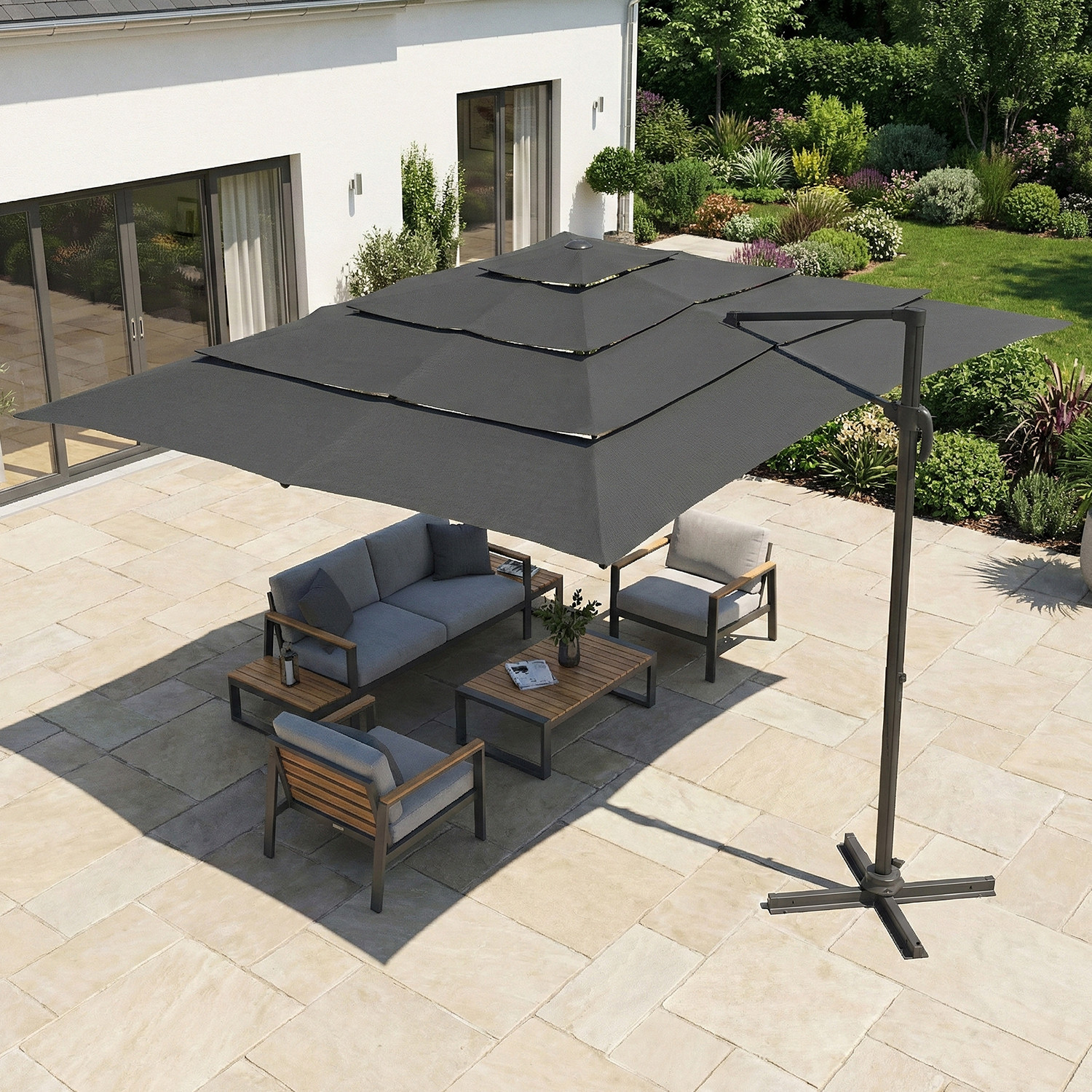 Parasol déporté inclinable rotatif 360 CALVI multi toile grand vent gris 3x4 M avec housse