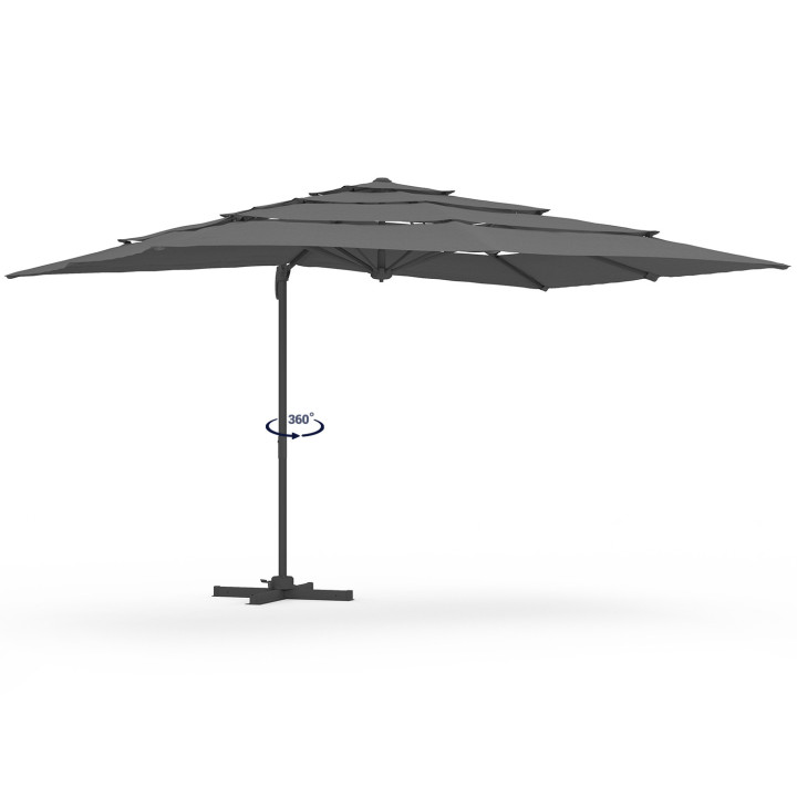 Sombrilla descentrada, inclinable y giratoria 360°, con múltiples lonas, resistente a vientos fuertes, gris, 3x4 m, con funda - 