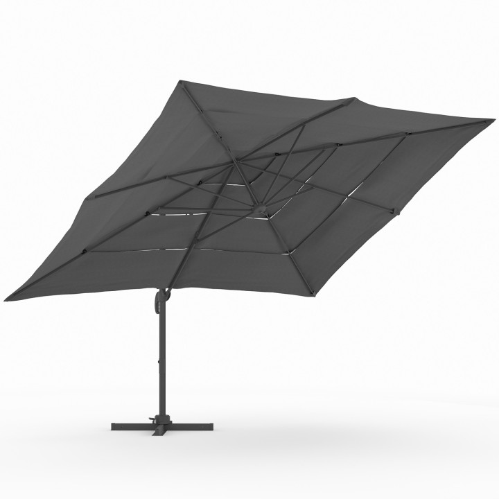 Sombrilla descentrada, inclinable y giratoria 360°, con múltiples lonas, resistente a vientos fuertes, gris, 3x4 m, con funda - 