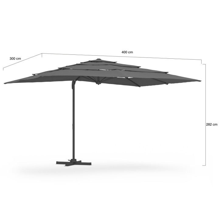 Sombrilla descentrada, inclinable y giratoria 360°, con múltiples lonas, resistente a vientos fuertes, gris, 3x4 m, con funda - 
