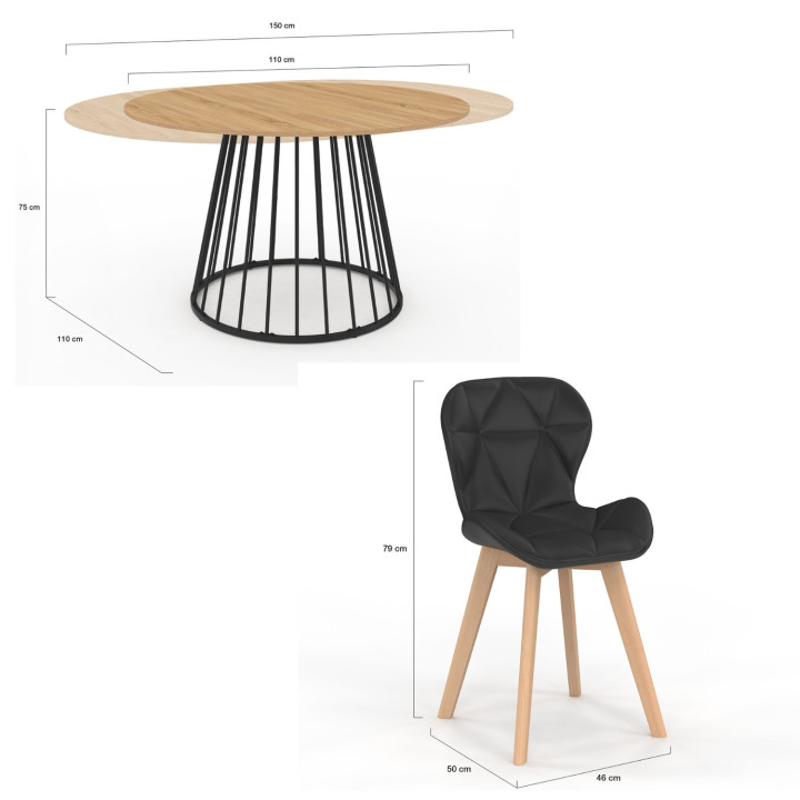 Ensemble table à manger extensible ronde YUNA plateau bois et pied filaire en métal 110-150 cm et 4 chaises ROBINE en PU noires