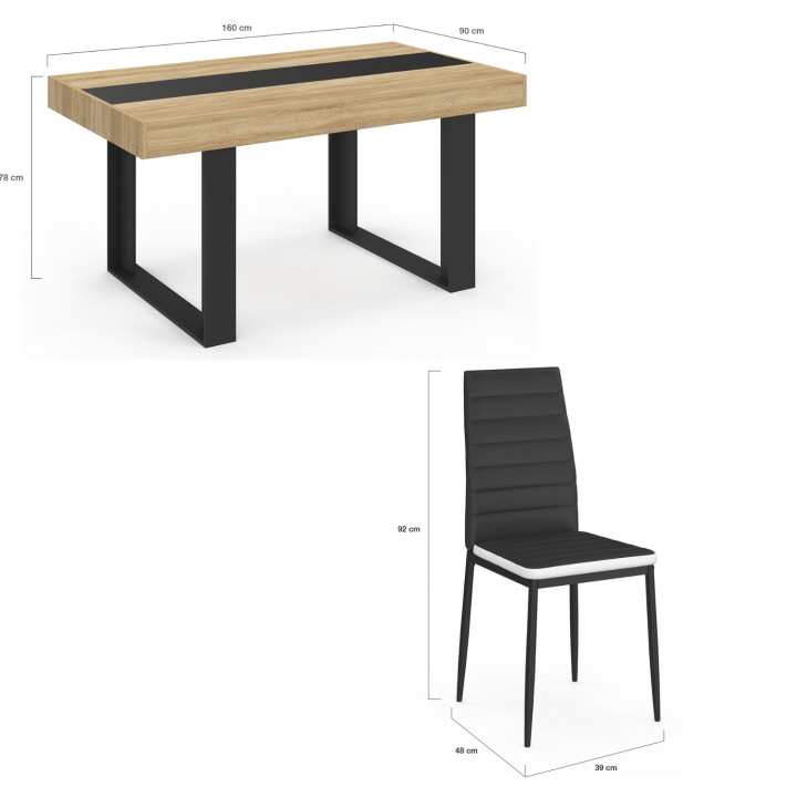 Ensemble table à manger rectangle PHOENIX bois et noir bande centrale noire 160 cm et 6 chaises ROMANE noires bandeau blanc