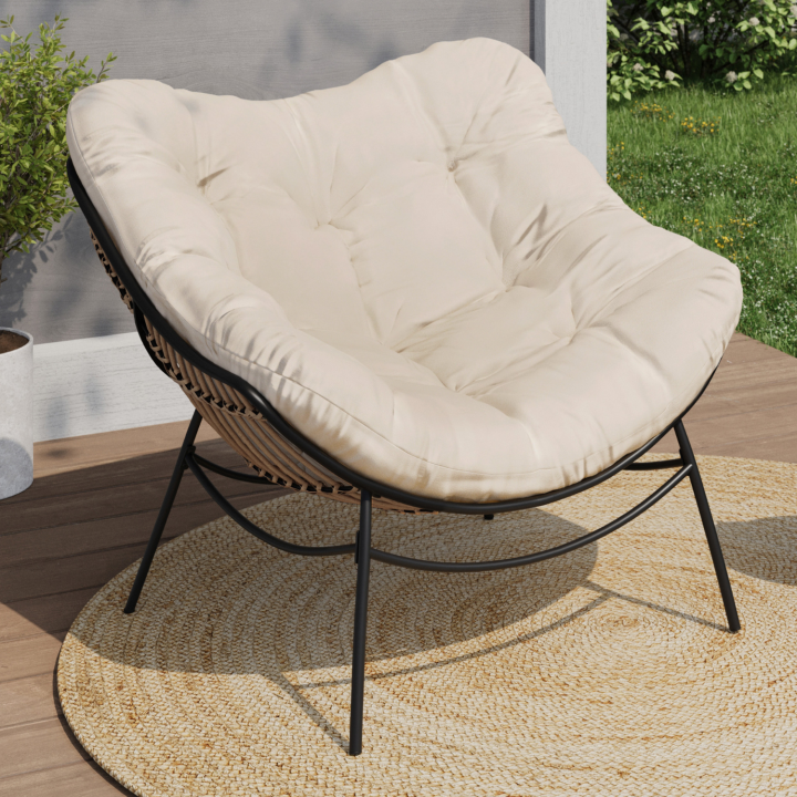 Fauteuil de jardin relax LOA effet rotin avec coussin écru