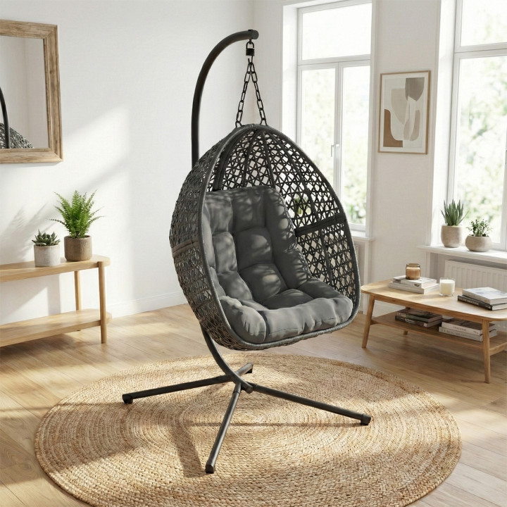 Günstiger Hänge-Mond-Sessel durchbrochen mit grauem Kissen | ID Market