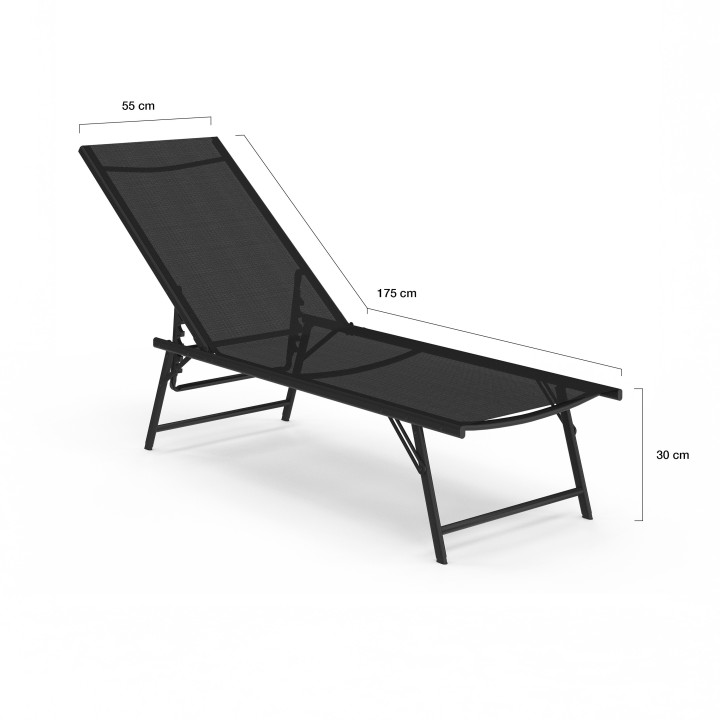 Lot de 2 transats de jardin inclinables KAILUA en acier noir et toile noire