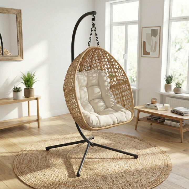 Fauteuil lune suspendu ajouré effet rotin avec coussin écru