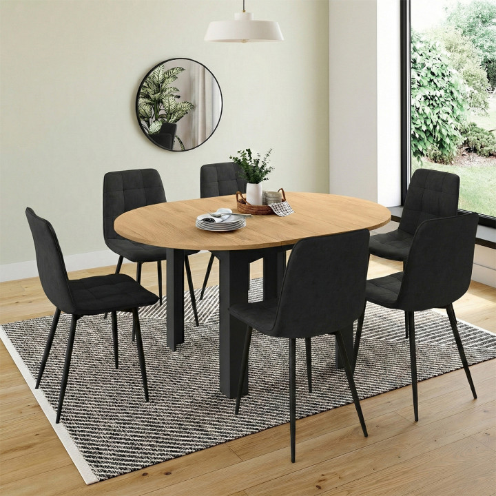 Tavolo da pranzo rotondo allungabile 4-8 persone, nero, piano in faggio 110-150 cm - DONA
