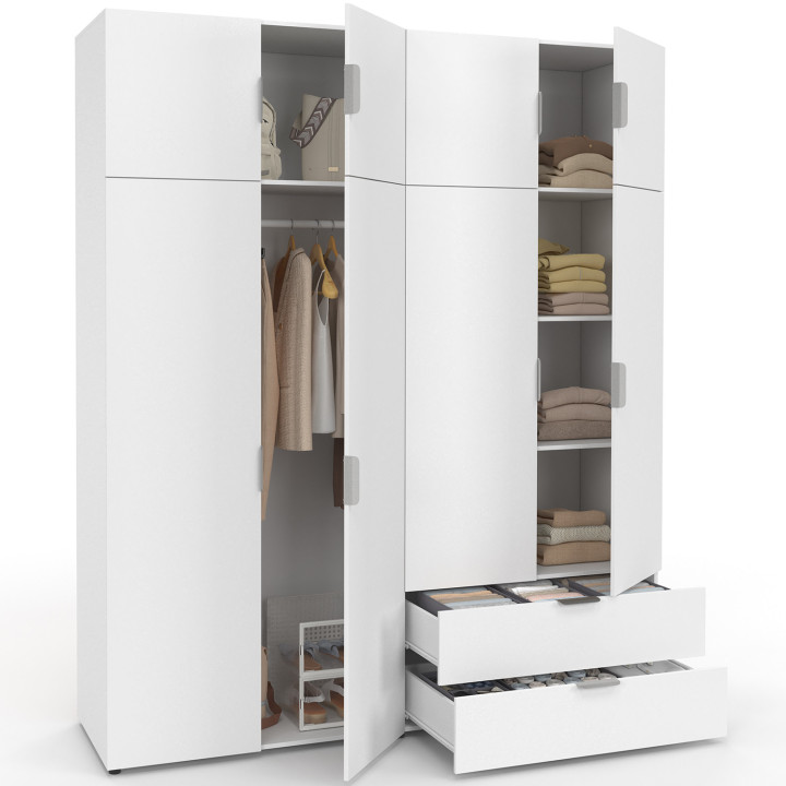 Kleiderschrank 4-türig MINA weiß Kleiderschrank 160 cm mit 2 hohen Ablagen und 2 Schubladen