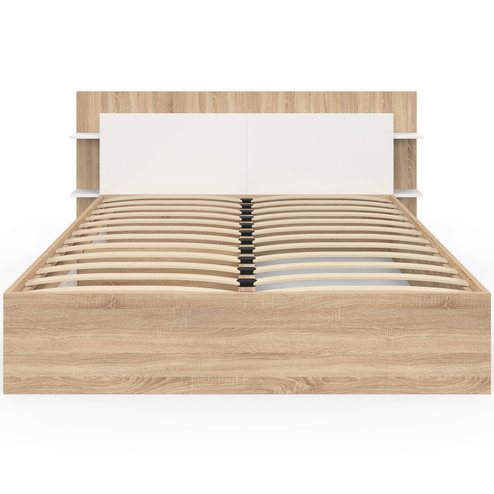 Cama doble SARI con almacenaje, somier y cabecero 140 x 190 cm madera y blanco