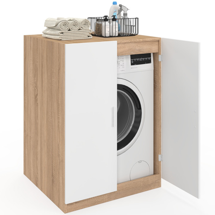 Meuble pour machine à laver avec portes WALLIS blanc et bois façon hêtre