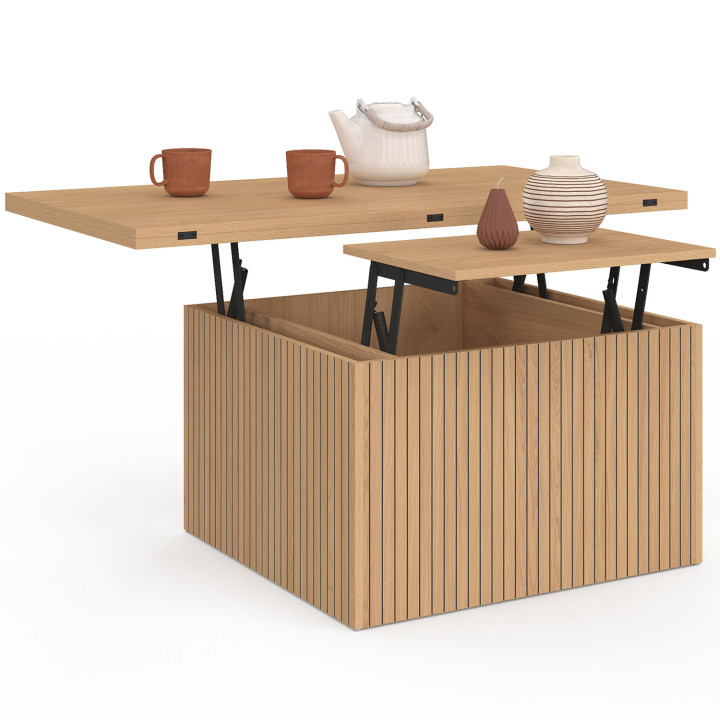Couchtisch mit rechteckiger Hubplatte, umwandelbar in einen Esstisch JULIETTE 100 cm Latteneffekt Holzleisten